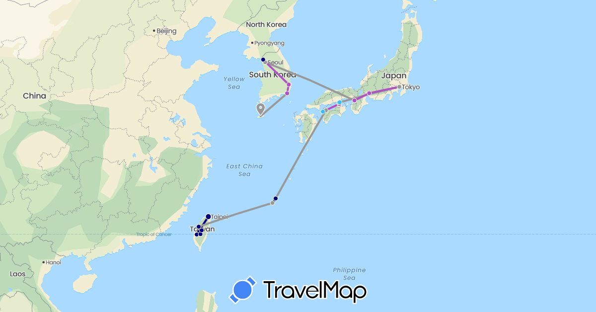 TravelMap itinerary: driving, plane, train, boat in Japan, South Korea, Taiwan (Asia)